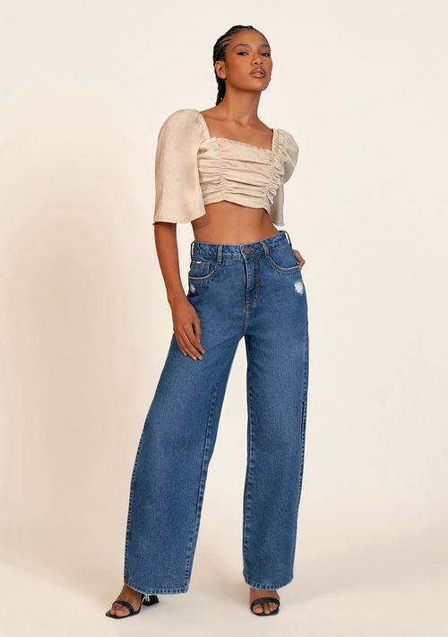 Calca Zinco Wide Leg Cós Alto Com Fendas Jeans