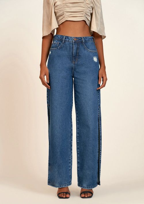 Calca Zinco Wide Leg Cós Alto Com Fendas Jeans