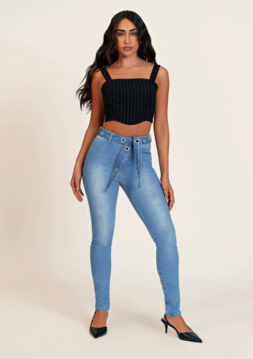 Calca Zinco Skinny Cós Alto Com Cinto Jeans