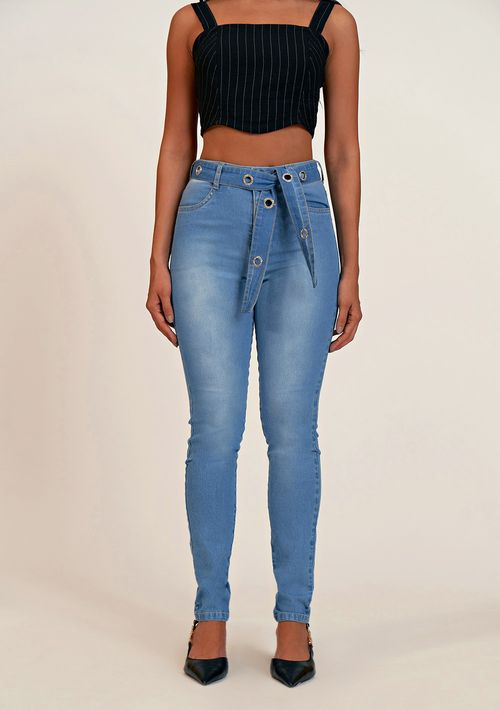 Calca Zinco Skinny Cós Alto Com Cinto Jeans