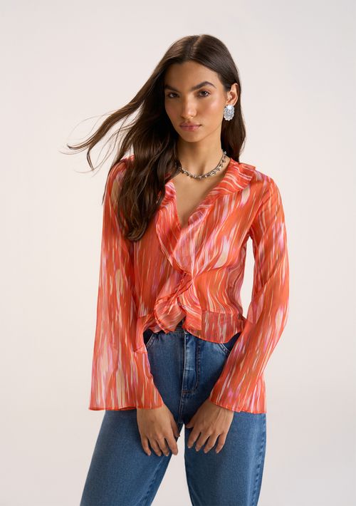 Blusa Zinco Decote V Manga Flare Com Babado Laranja