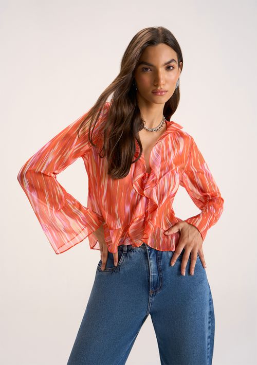 Blusa Zinco Decote V Manga Flare Com Babado Laranja