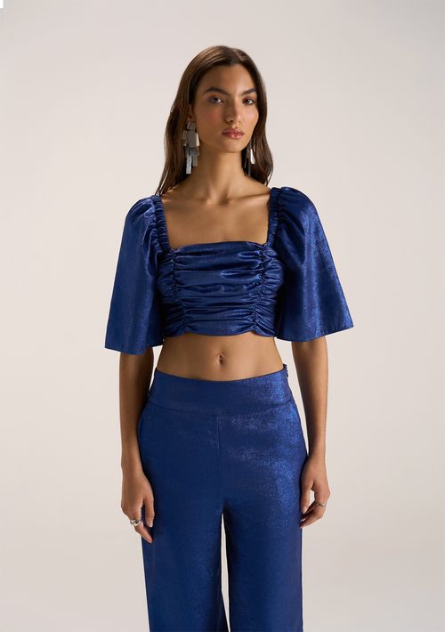 Blusa Zinco Decote Reto Manga Curta Com Franzido Azul