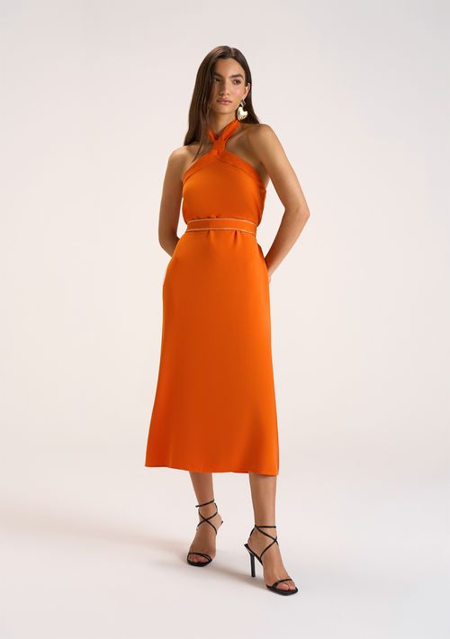 Vestido Zinco Midi Decote Amarração Com Cinto Laranja