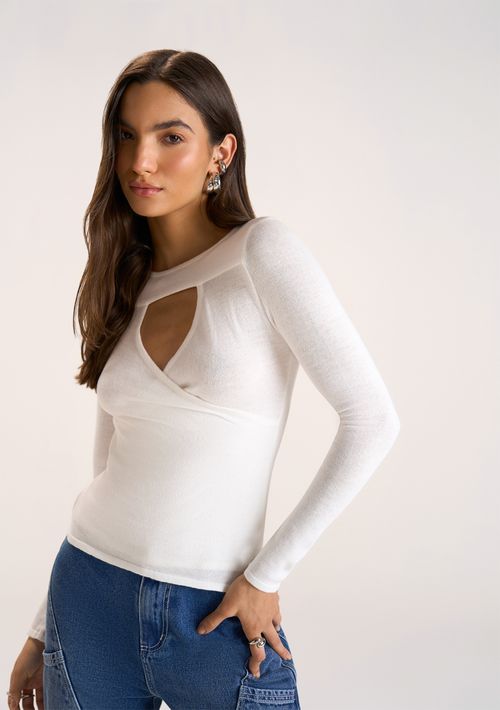 Blusa Zinco Decote Redondo Manga Longa Abertura Frente Off White