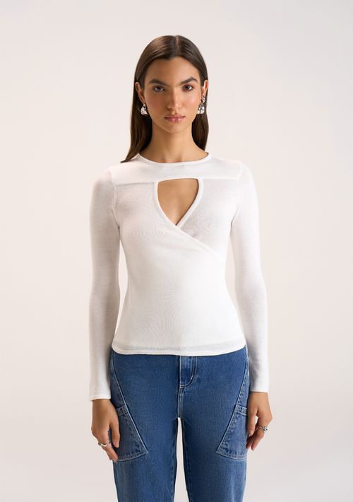 Blusa Zinco Decote Redondo Manga Longa Abertura Frente Off White