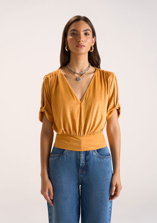 Blusa Zinco Decote V Manga Curta Detalhe Manga Amarelo