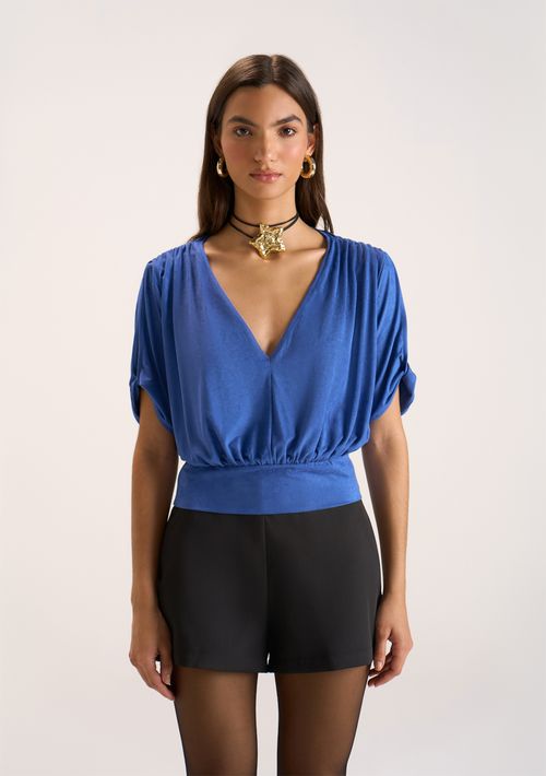 Blusa Zinco Decote V Manga Curta Detalhe Manga Azul