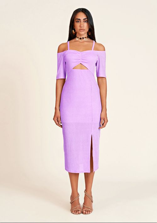 Vestido Zinco Midi Ombro A Ombro Com Fenda Lilas