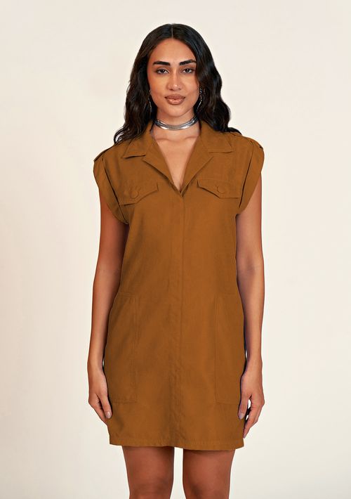 Vestido Zinco Curto Gola Camisa Com Faixa Marrom