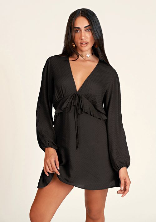 Vestido Zinco Curto Decote V Com Babado Preto