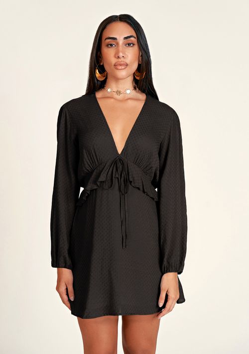 Vestido Zinco Curto Decote V Com Babado Preto