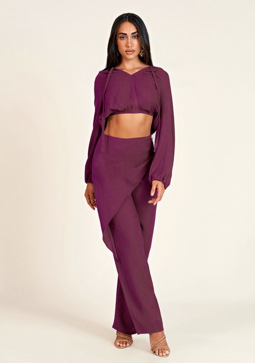 Blusa Zinco Cropped Decote V Manga Longa Com Amarração Rosa