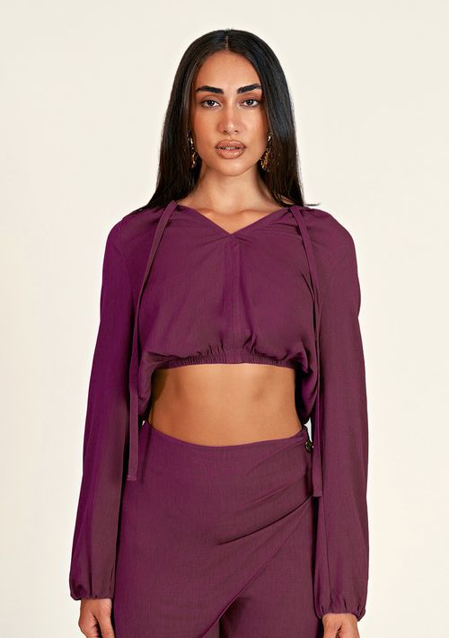 Blusa Zinco Cropped Decote V Manga Longa Com Amarração Rosa