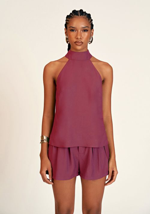 Blusa Zinco Reta Gola Alta Cava Francesa Com Recorte Rosa