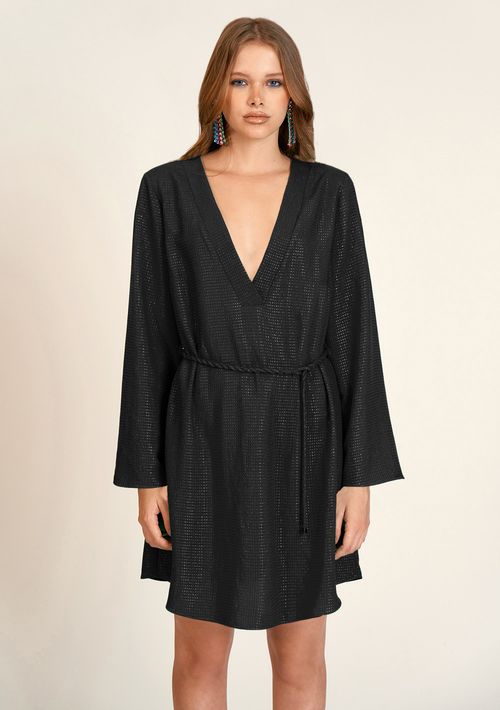 Vestido Zinco Curto Decote V Com Cinto Preto