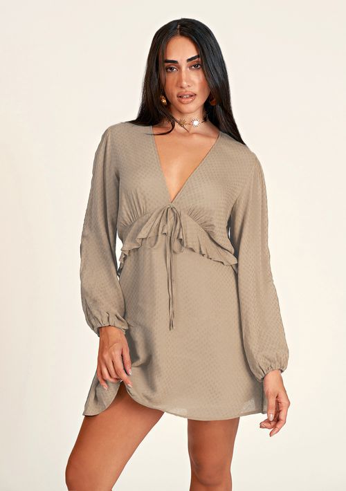 Vestido Zinco Curto Decote V Com Babado Bege