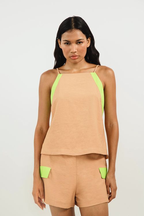 Blusa Zinco Decote Reto Cava Francesa Bicolor Marrom