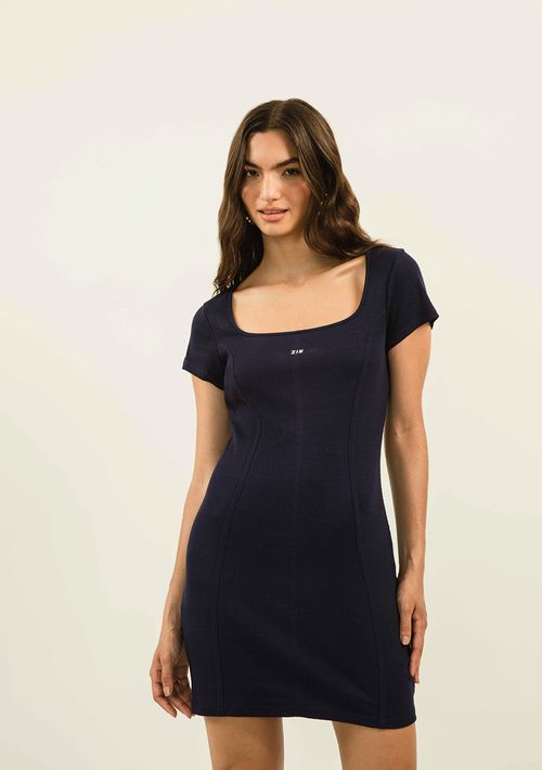 Vestido Zinco Curto Decote Quadrado Com Viés Azul Marinho