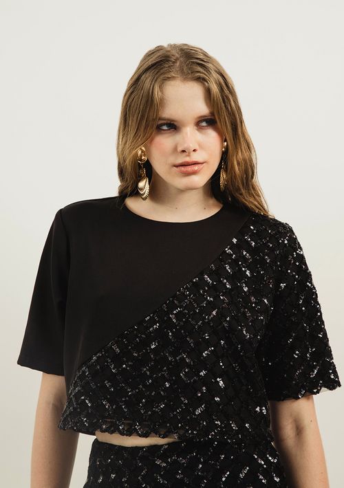 Blusa Zinco Decote Redondo Manga Curta Com Recorte Preto