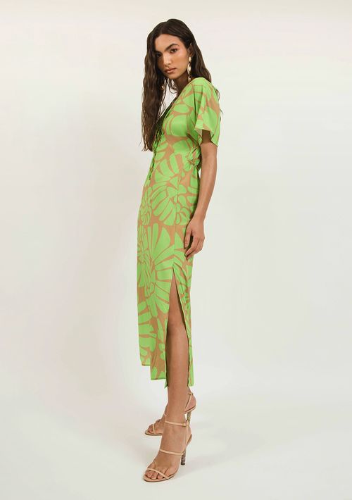 Vestido Zinco Midi Decote V Com Amarração Verde Claro
