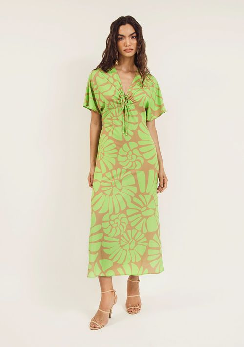 Vestido Zinco Midi Decote V Com Amarração Verde Claro