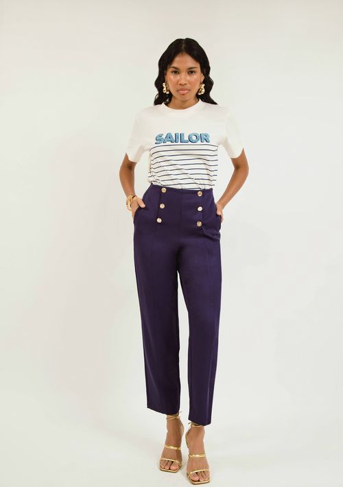 Calça Zinco Reta Cós Alto Com Recorte Azul Marinho