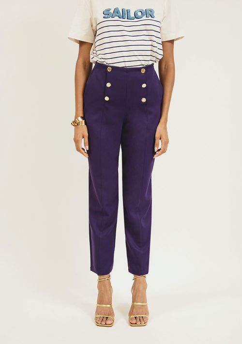 Calça Zinco Reta Cós Alto Com Recorte Azul Marinho