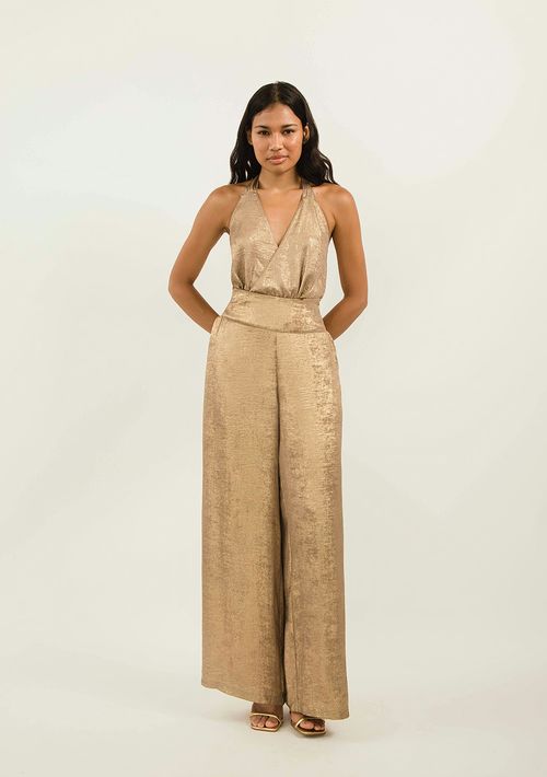 Calça Zinco Flare Cós Alto Com Lastex Dourado