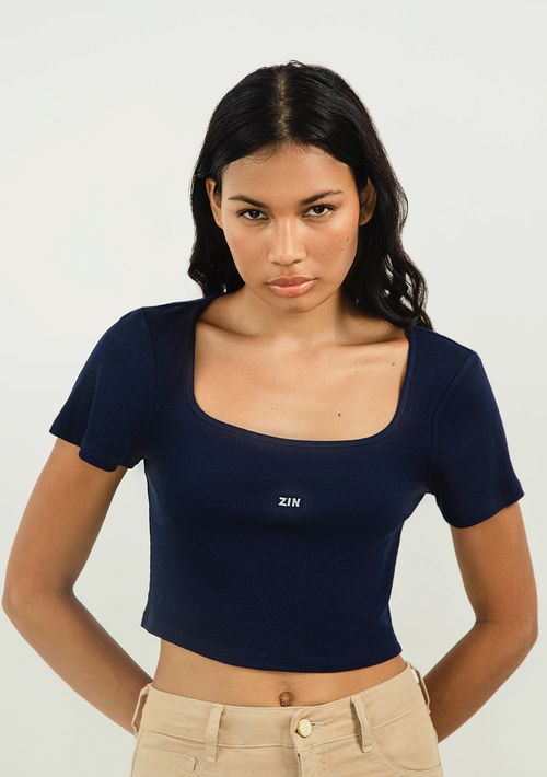 Blusa Zinco Decote Redondo Manga Curta Básica Azul Marinho