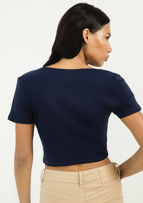 Blusa Zinco Decote Redondo Manga Curta Básica Azul Marinho