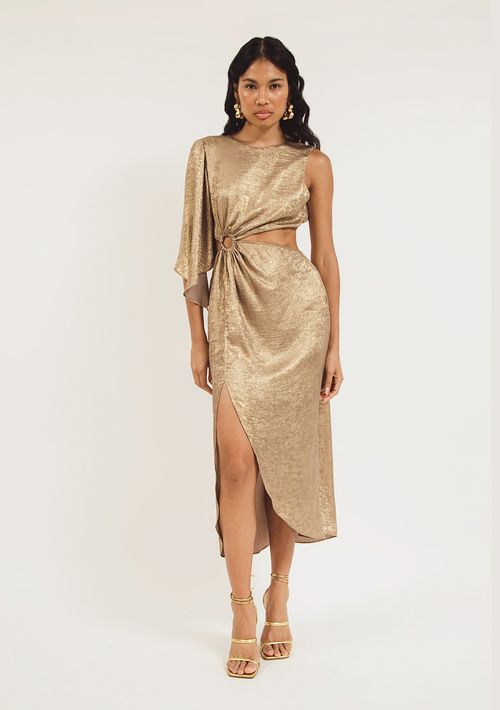 Vestido Zinco Midi Decote Redondo Com Argola Dourado