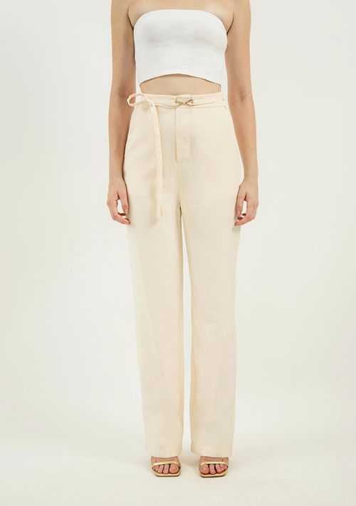 Calça Zinco Pantalona Reta Cós Alto Com Cinto Cru