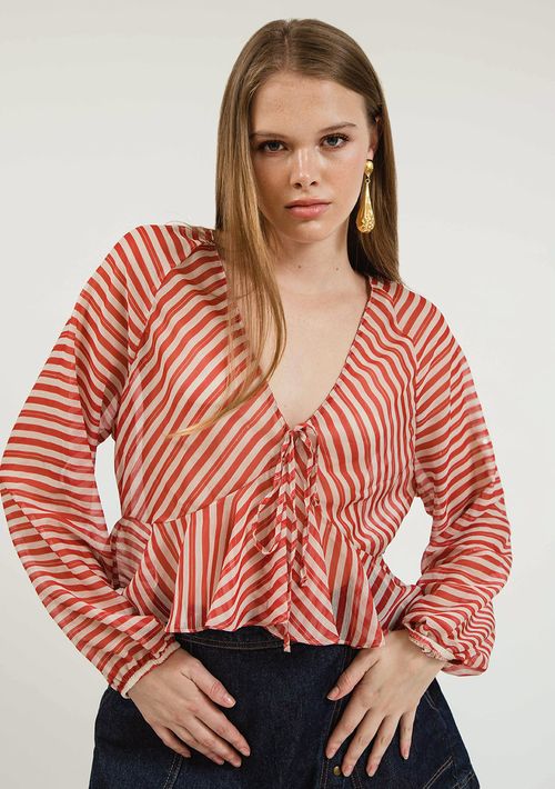 Blusa Zinco Decote V Manga Longa Com Babado Cru