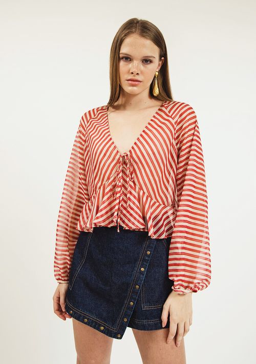 Blusa Zinco Decote V Manga Longa Com Babado Cru