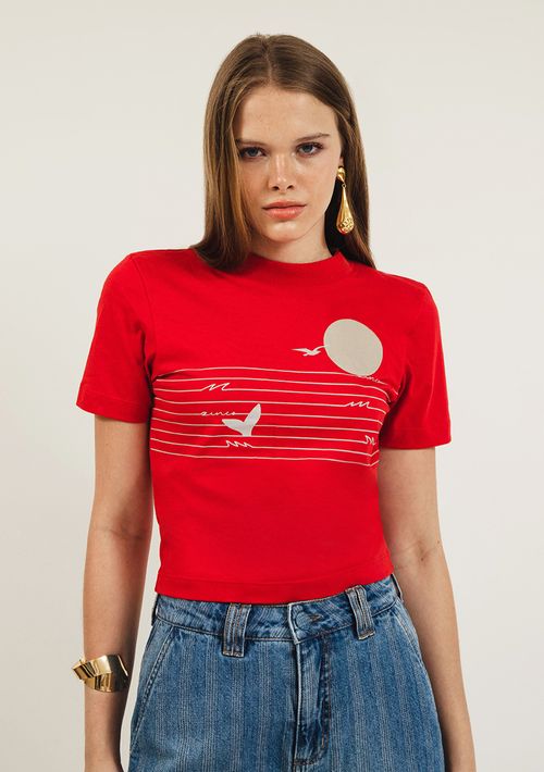 T-Shirt Zinco Decote Redondo Cropped Estampa Localizada Vermelho