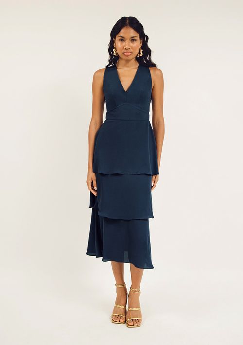 Vestido Zinco Midi Decote V Com Babado Azul Marinho