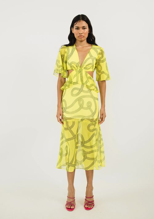 Vestido Zinco Midi Decote V Abertura Lateral Amarelo
