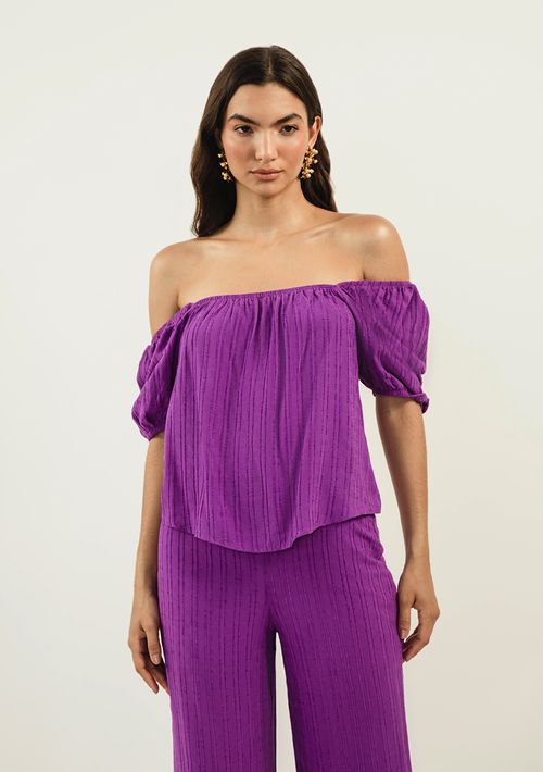 Blusa Zinco Decote Reto Manga Curta Com Elástico Roxo