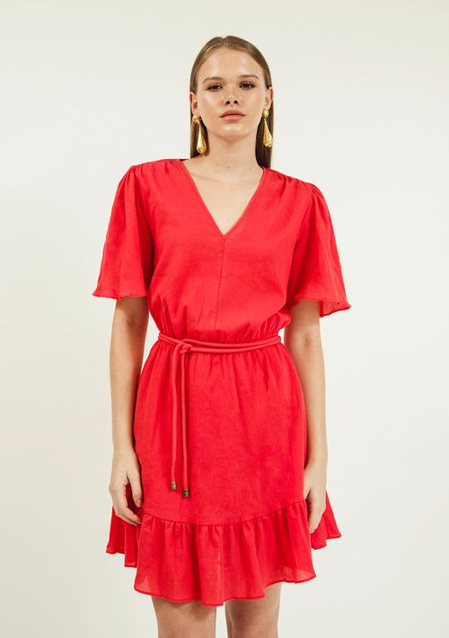 Vestido Zinco Curto Decote V Com Cinto Rosa
