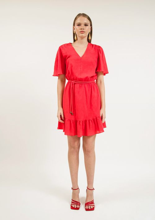 Vestido Zinco Curto Decote V Com Cinto Rosa