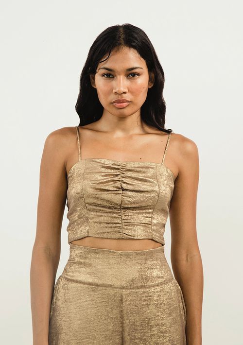 Top Zinco Cropped Cavado Com Franzido Dourado