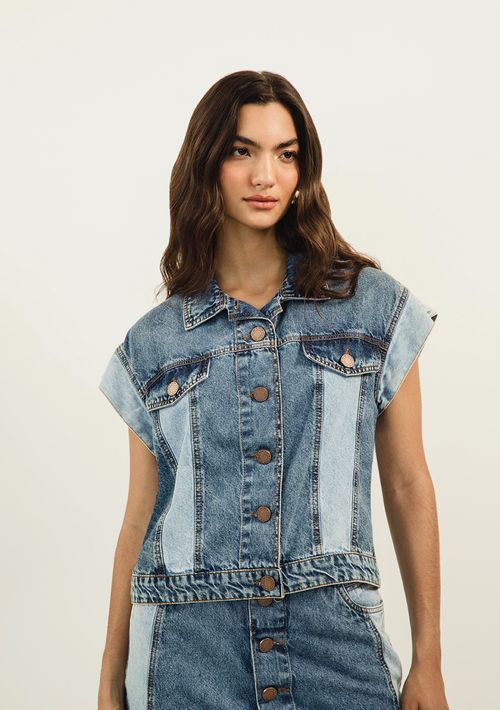 Colete Zinco Médio Composê De Tecidos Jeans