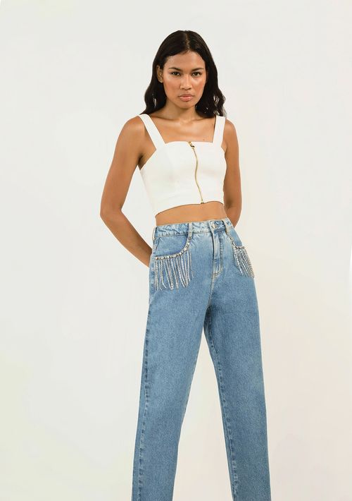 Calça Zinco Reta Cós Alto Bordado Manual Jeans
