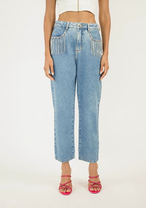 Calça Zinco Reta Cós Alto Bordado Manual Jeans