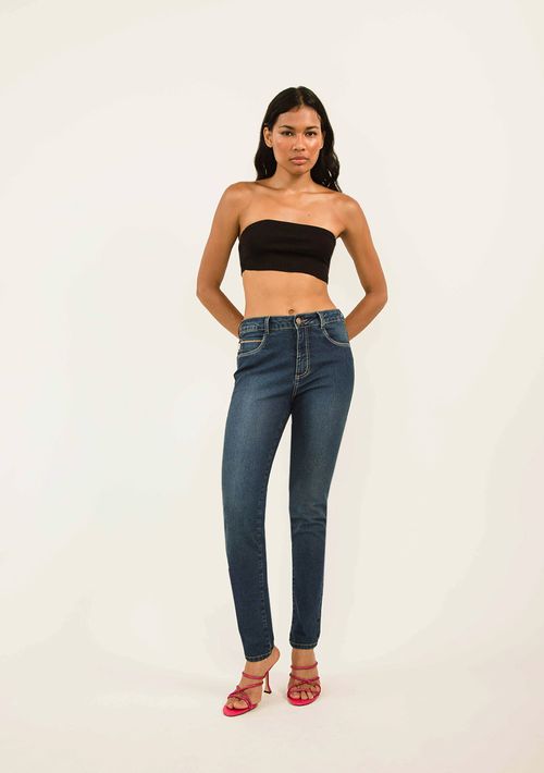 Calça Zinco Skinny Cós Alto Bolso Bordado Jeans
