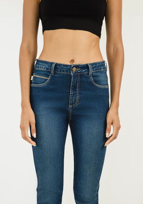 Calça Zinco Skinny Cós Alto Bolso Bordado Jeans