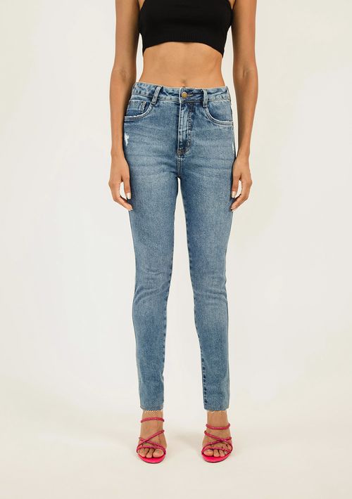 Calça Zinco Skinny Cós Alto Com Puídos Jeans