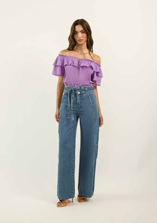 Calça Zinco Pantalona Cós Alto Com Cinto Jeans