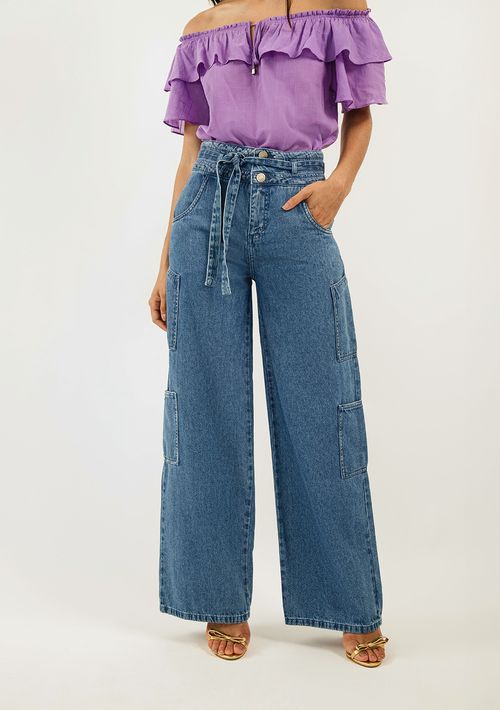Calça Zinco Pantalona Cós Alto Com Cinto Jeans